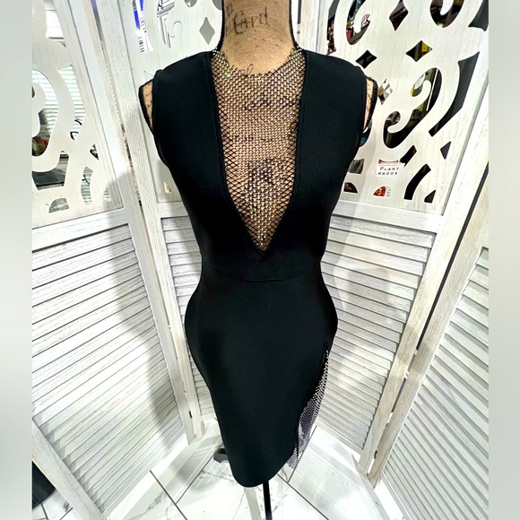 Shein Sexy Black Cocktail Dress With Rhinestone Netting - Picture 4 of 11